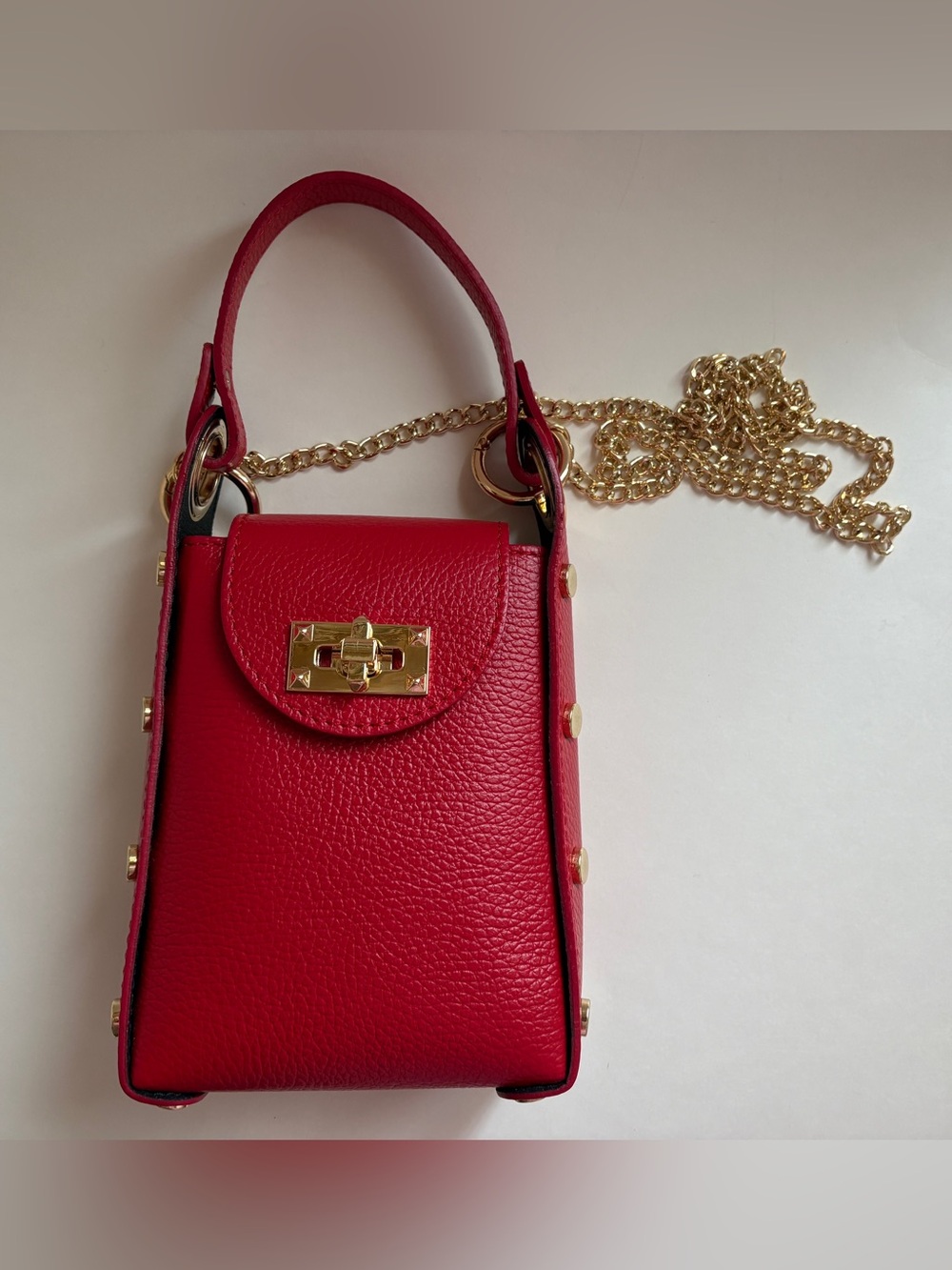 Anna Paola Red Leather Mini Top-Handle Crossbody Bag with Gold Hardware
